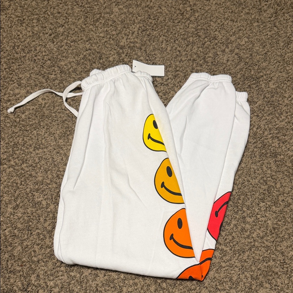 Aviator Nation White Joggers with Colorful Smiley Faces